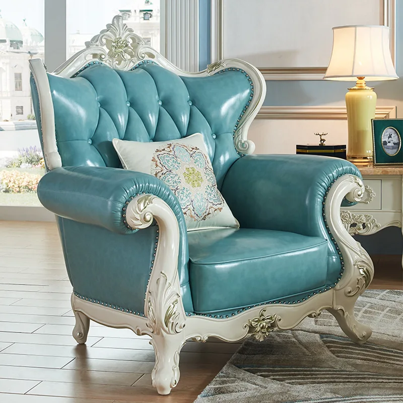 ProCARE European sofa American villa living room genuine leather solid wood carving living room sofa sets
