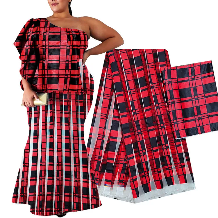 Africon 2021 Wholesale Price Ghana Style Fabric Ribbon Organza 4 yards + 2 yards Satin Silk Wax Print fabric for Clothes