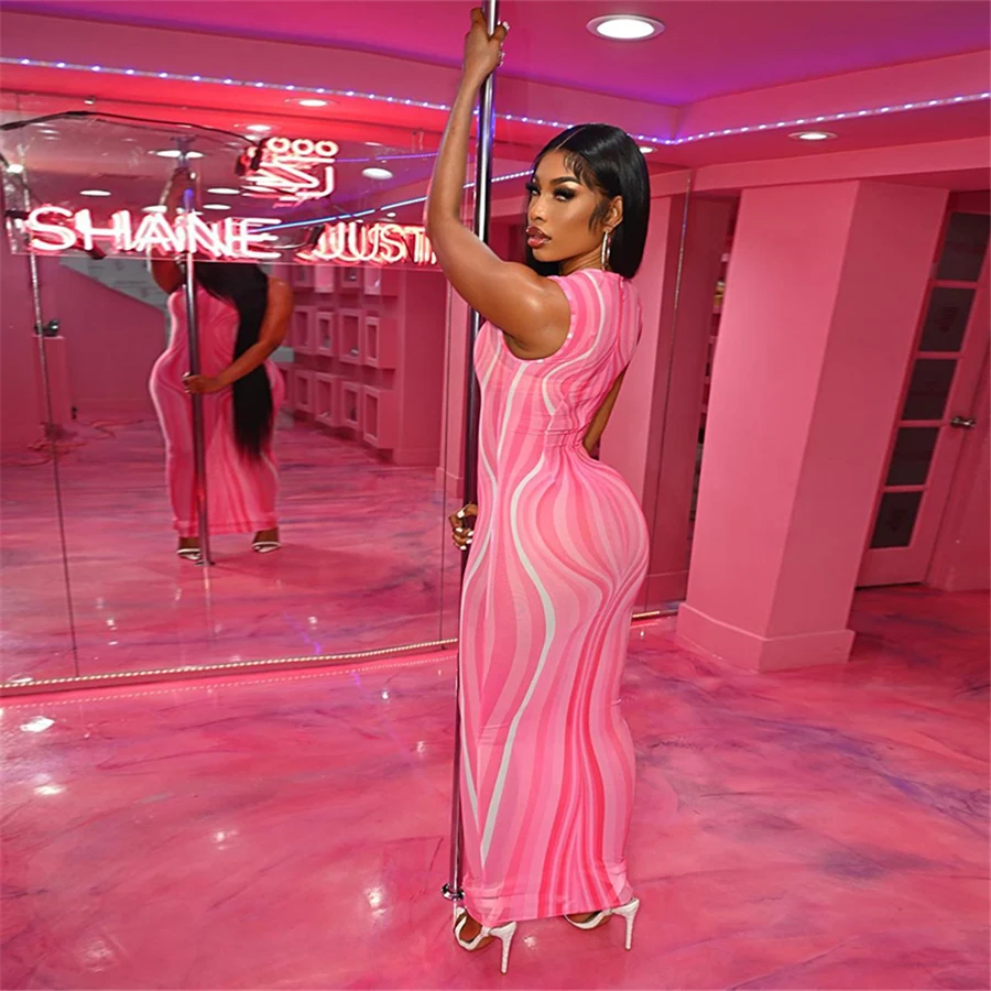 Mesh See Through Damaskeen Pattern Sleeveless Maxi Dress Women Casual Dresses neon maxi dress ladies casual  2022 new