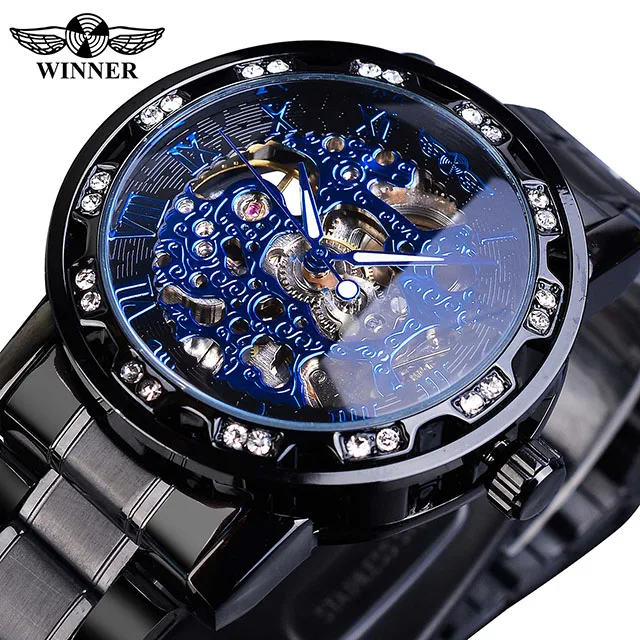 Winner Men Top Oem Luxury Transparent Fashion Diamond Luminous Gear Movement Royal Design Male Mechanical Skeleton Wrist Watch