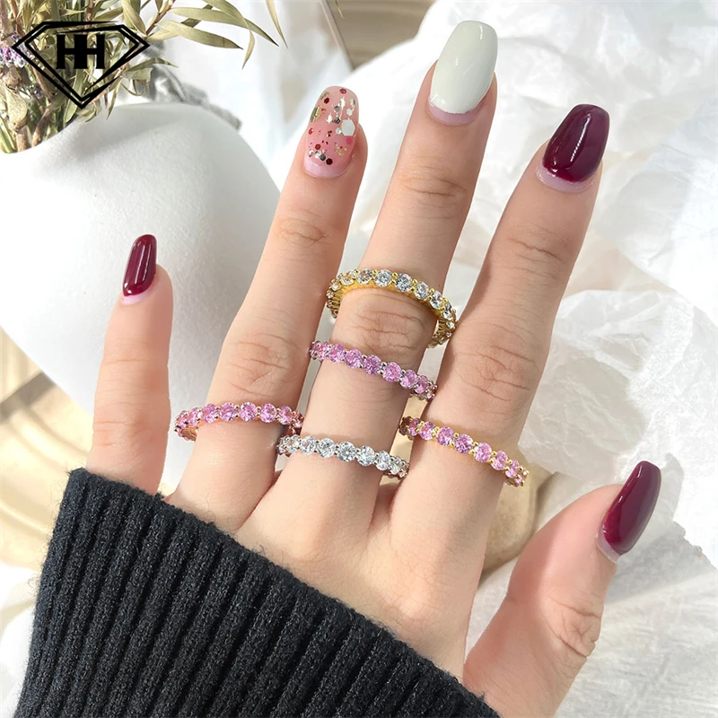 Rainbow Stackable 925 Sterling Silver 18k Gold Plated 3mm Shared Prong Round Cubic Zirconia Engagement Full Eternity Band Ring