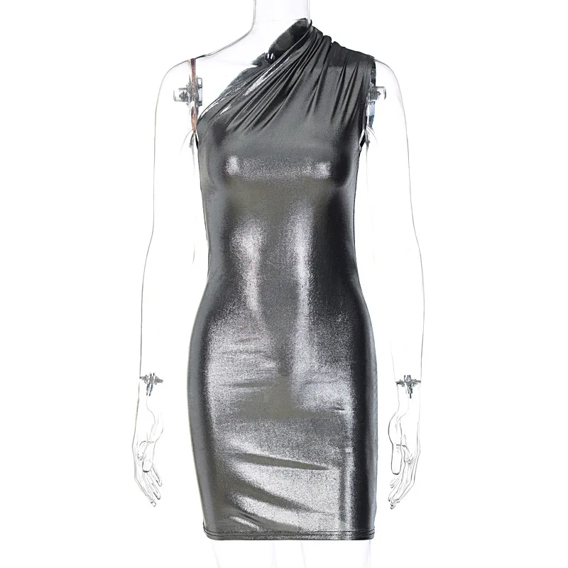 Liu Ming Women Clothing Elegant Y2K Pu Leather One Shoulder Sleeveless Evening Draped Mini Prom Dress