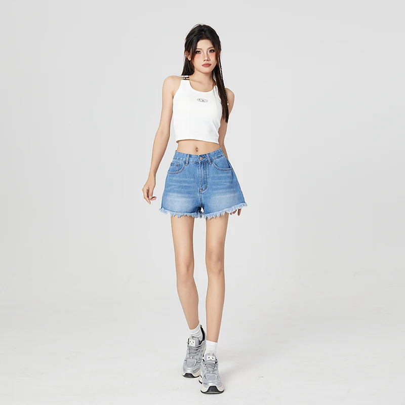 Vintage Summer Style Denim Shorts for Women Korean Tassel Short Pants Washed Jeans Style Pocket
