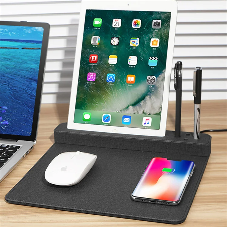 Factory wholesale custom logo anti skid phone QI wireless charging pu leather mouse pad with pen holder