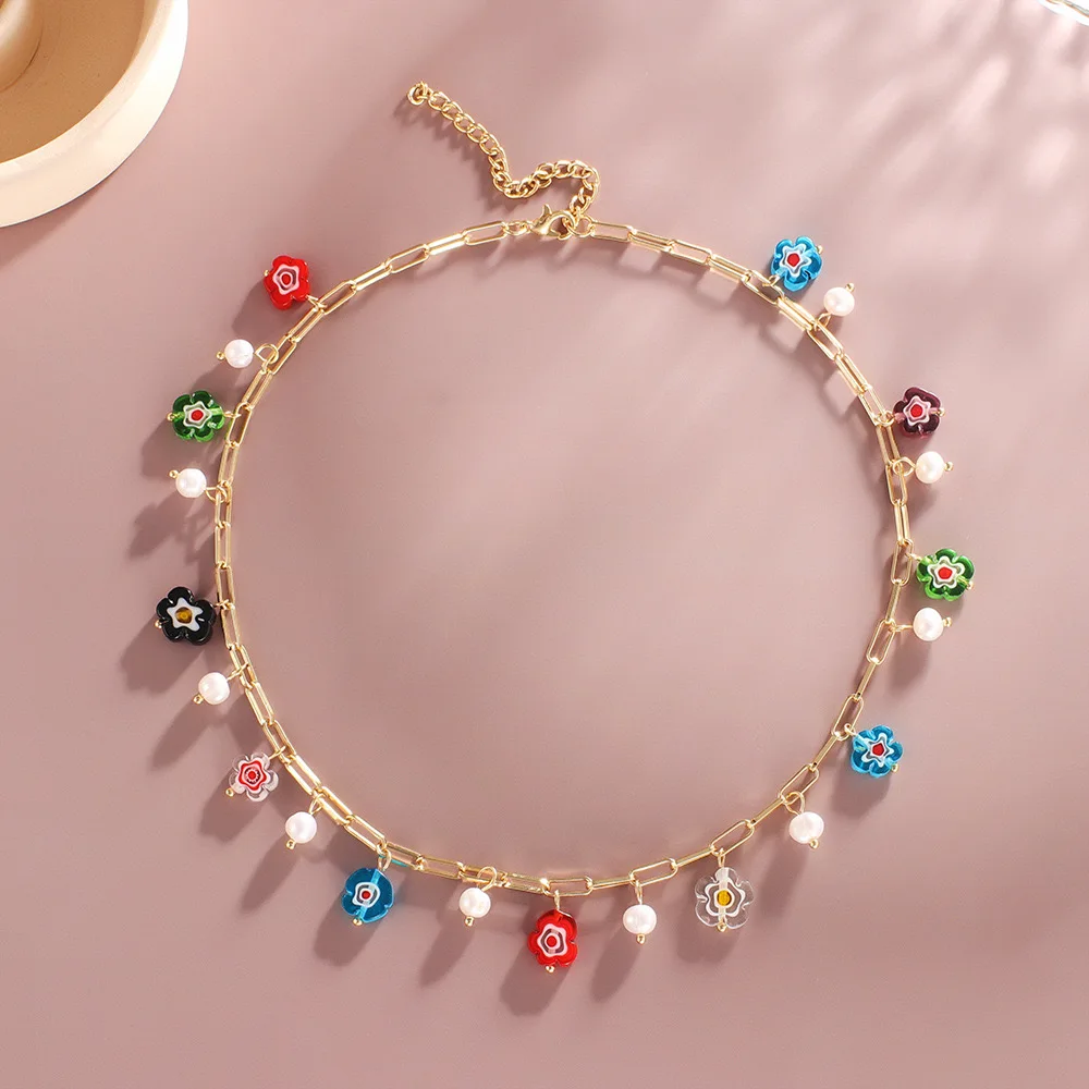 Boho Summer Natural Pearl Collarbone Chain Necklace 18k Gold Freshwater Pearl Colorful Polymer Clay Flower Pendant Necklace
