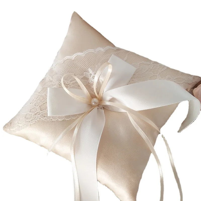 3013 15x15cm European Romantic Bridal Wedding Ring Pillow Double Heart White Handmade Ribbon Cushion Decor for Wedding Ceremony