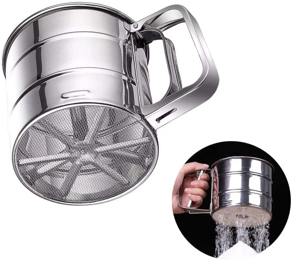Stainless Steel Mesh Flour Sifter Mechanical Baking Icing Sugar Shaker Sieve Cup Baking Pastry Tools Powder Flour Sieve