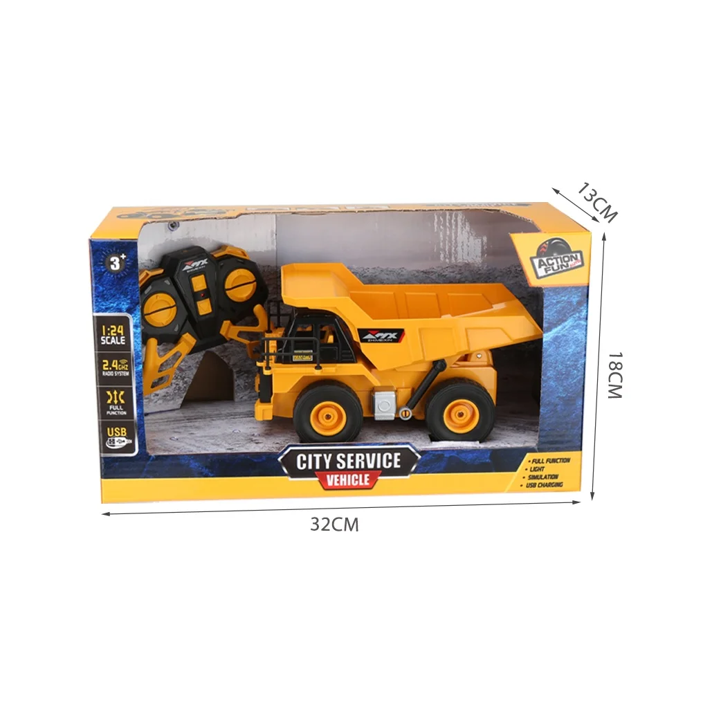 1:24 Scale Remote Control Excavator RC Truck Toy w/ Light 360 Degree Hand-Rotating Excavator w/ Claw for Kids Construction Play