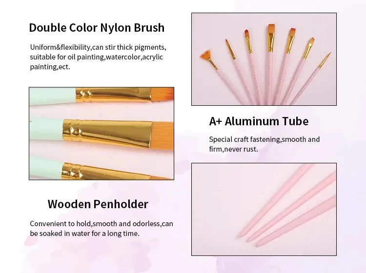 Haihui hot sale high quality 7 wooden handle artist brush set wholesale light pink acrylic paintbrush