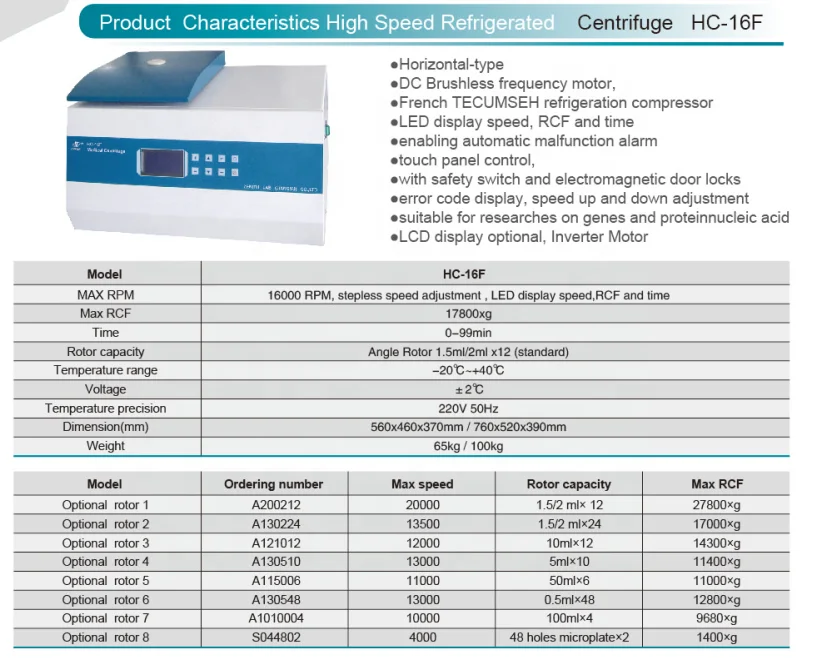 HC-16F Horizontal-type High Speed Centrifuge Medical refrigerated Centrifuge