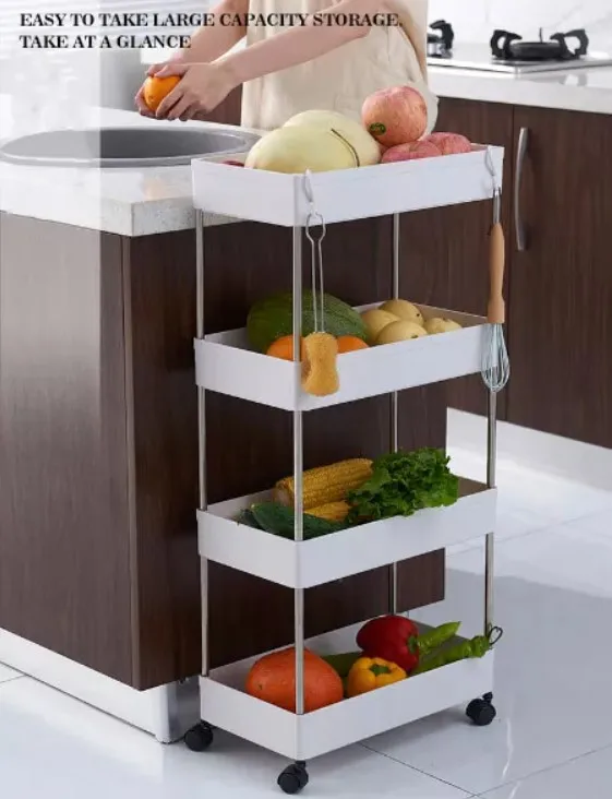 Plastic Removable Bathroom Kitchen Storage Rack with Hook multi-Tier Plastic Storage Shelf Rack with moving wheels