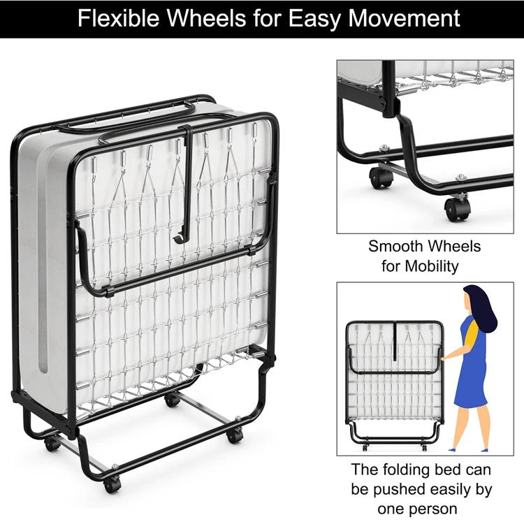 Home Garden Patio Backyard Fold up Guest Bed Roll Away Folding Bed Cama Plegable with Memory Foam Mattress & Sturdy Metal Frame