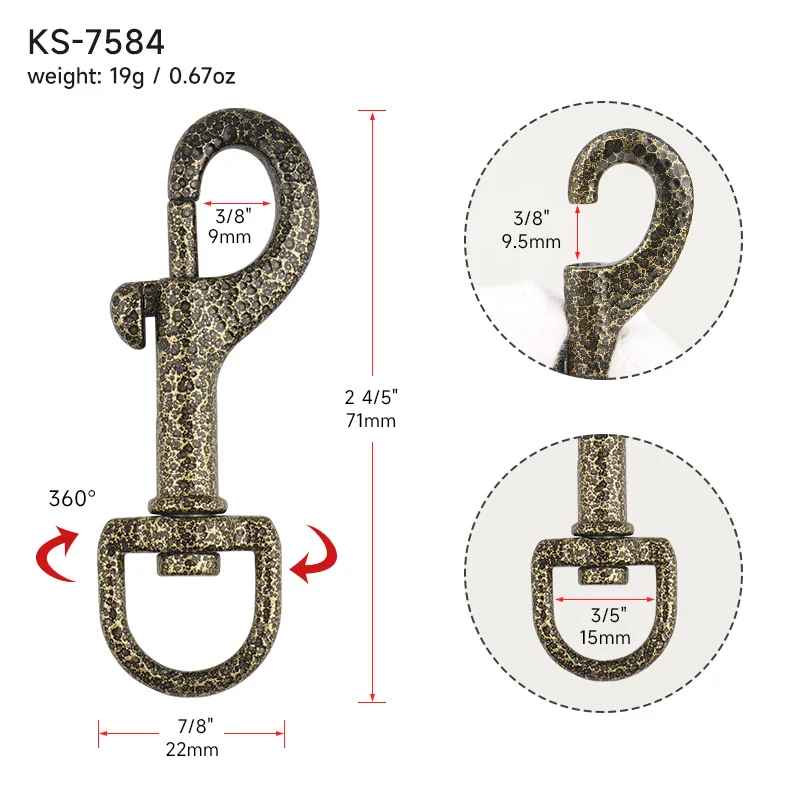 Alloy Bolt Snap Clip Swivel Clasp 3/5 Inch Harness Snap Hook 15mm Antique Brass Swivel Snap Hook Buckle for Dog Collar Leash