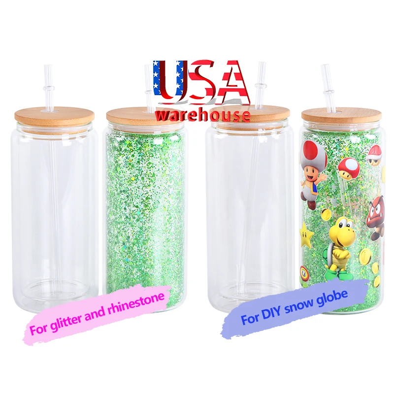 Usa Warehouse Pre-Drilled Double Wall 16 Oz 16Oz 20Oz 25Oz Snow Globe Tumbler Sublimation Blank Glass Can With Bamboo Lid