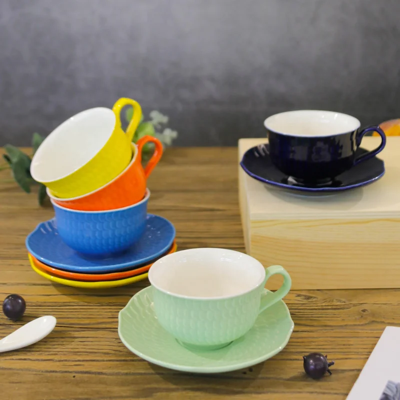 Custom Assorted Colors Hand Made Cup Cappuccino Simple Ceramic Tea Cup And Saucer Black Coffee Cup With Saucer Set