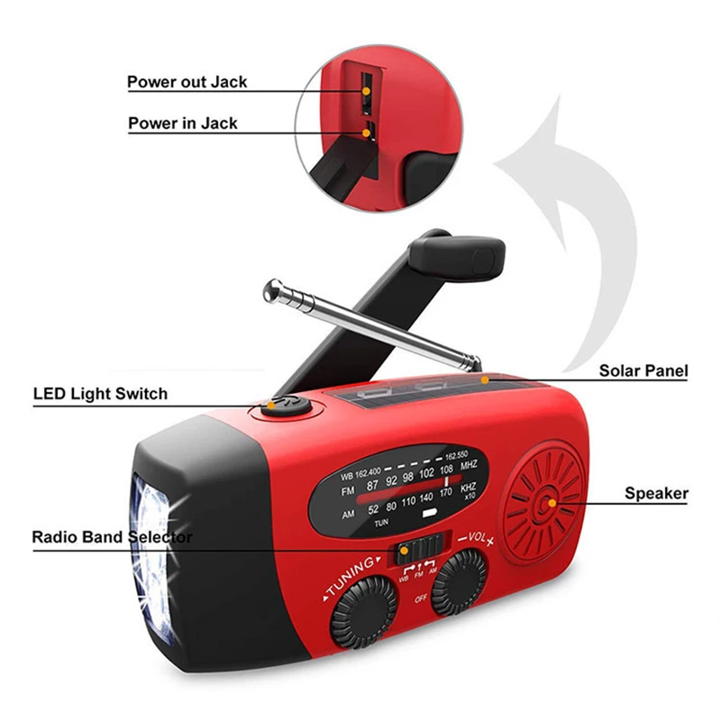 Portable crank radio AM/FM Weather Radio with LED Flashlight power bank solar emergency aircraft radio