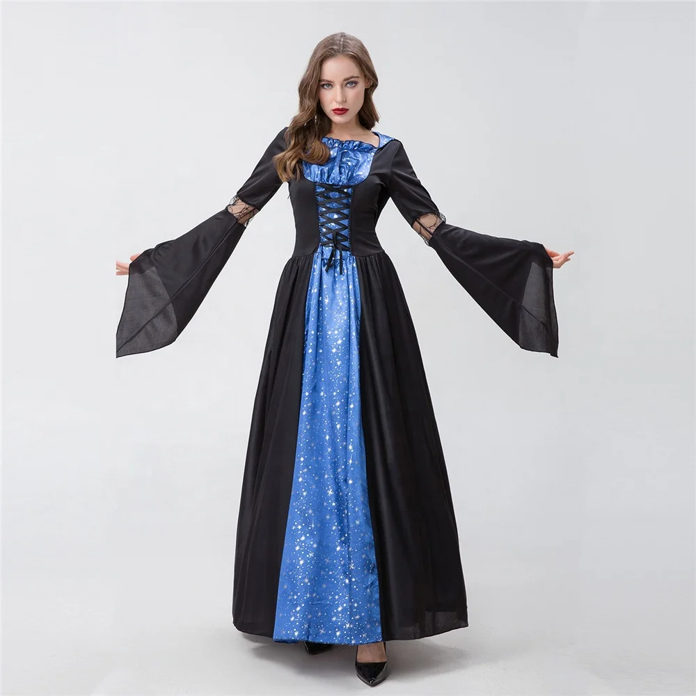 New Women Spring Autumn Halloween Girls Cosplay Witch Nightclub Queen Long Dress Party Game Costumes Dresses With Ha