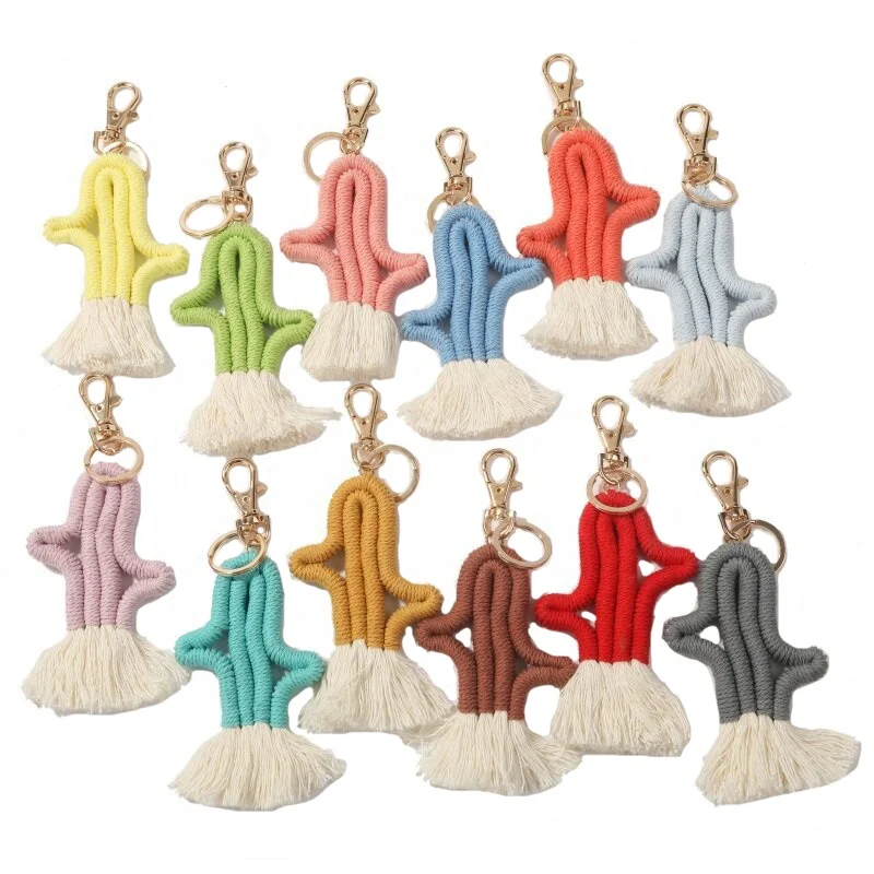 Vintage Bohemia Handmade Cactus Shape Keychain Cotton Thread Tassel Pendant Hand-Woven Macrame Women Girls Weaving Keychains