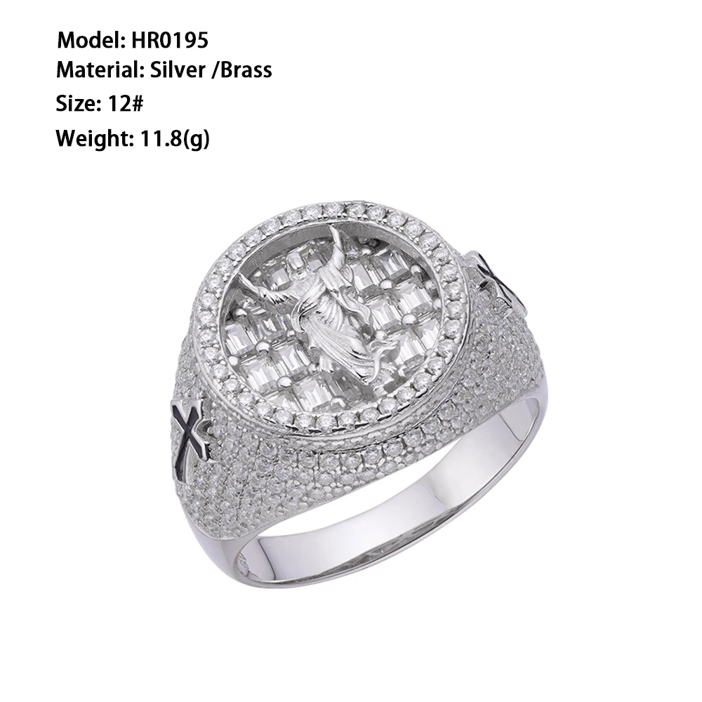 Hip Hop Ice Out Baguette 5A Cubic Zirconia Christian Religious 925 Silver Rhodium Plated Jesus Rings