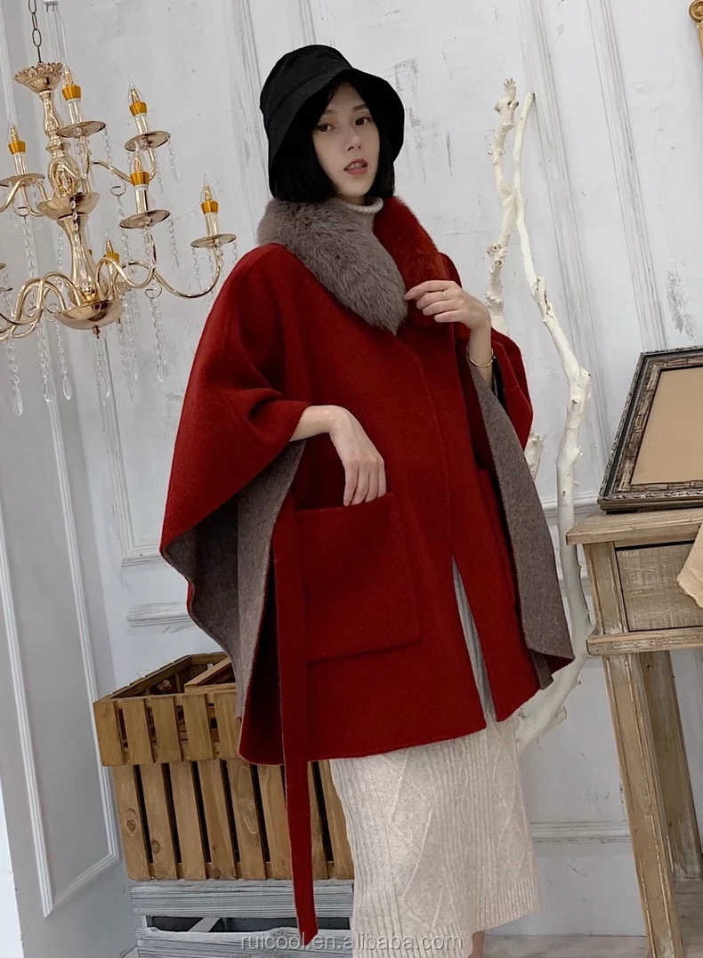 Women elegant winter alpaca cape coat with real fox fur scarf-reversible wool clock