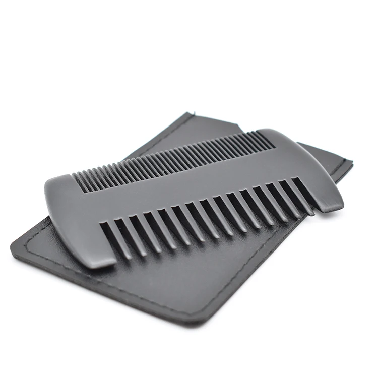 Custom logo black color fine coarse teeth anti static beard comb pocket double sided natural wooden comb with pu case