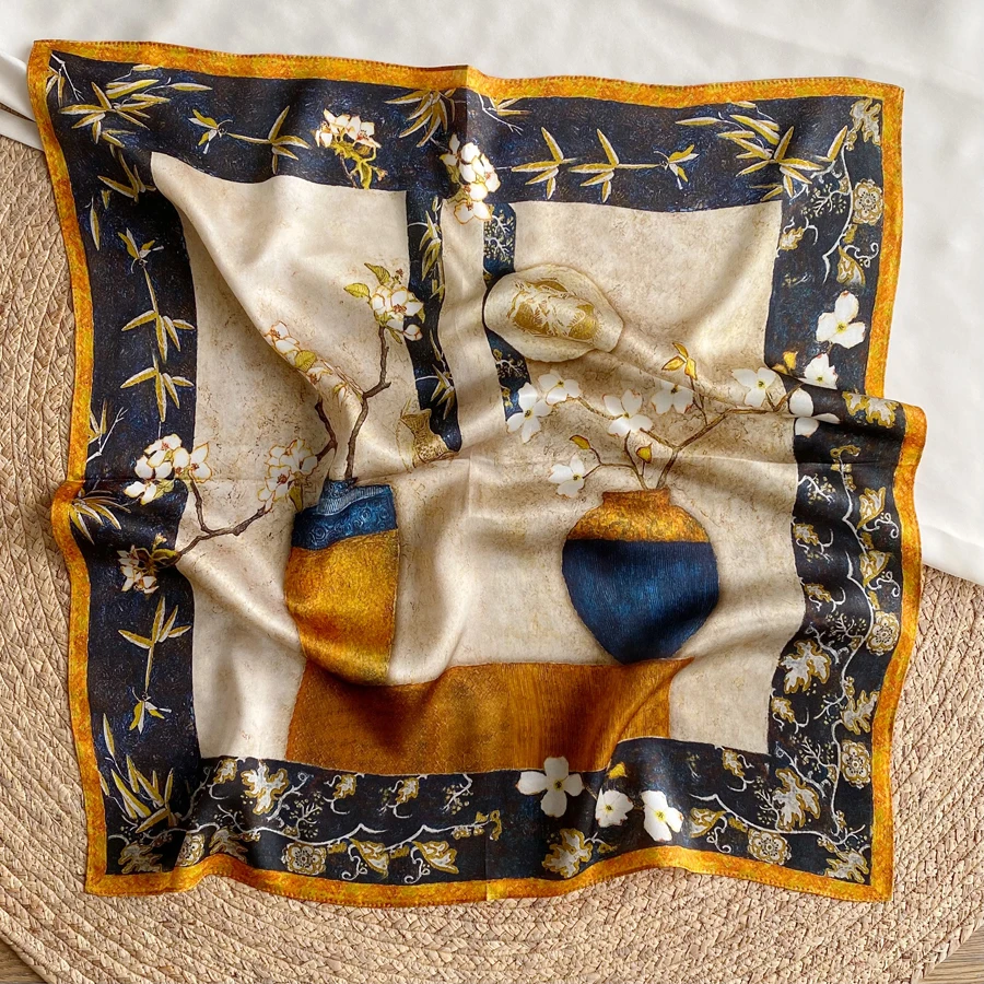 
China Unique Design Square Scarf for Hair Women 100% Pure Mulberry Silk 12MM satin Silk Scarf for Women 70*70cm 