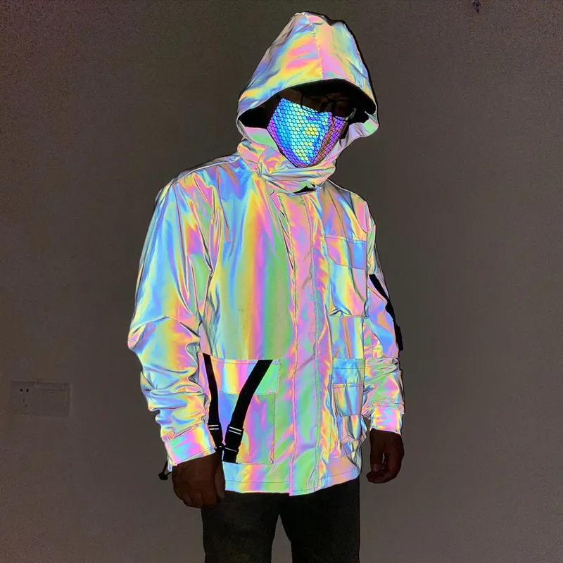 men blank silver gray zipper up hi viz hip hop light reflective waterproof windbreak hooded jacket coat windbreaker pullover