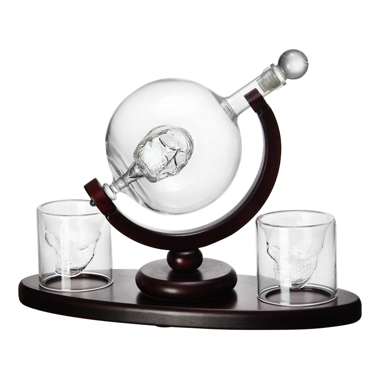 AIHPO05 Unique Magic Novelty Gift 850ml Hand Blown Glass Skull Globe Bar Set Whiskey Decanter with Glasses Stopper Wooden Base