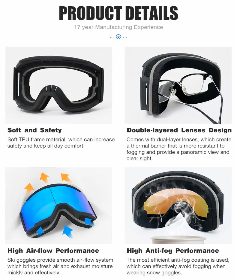 2024 New Ski Goggle HX052 Removable sponge Magnetic lens style OEM Custom logo Anti Fog snow googles Straps Magnetic lens