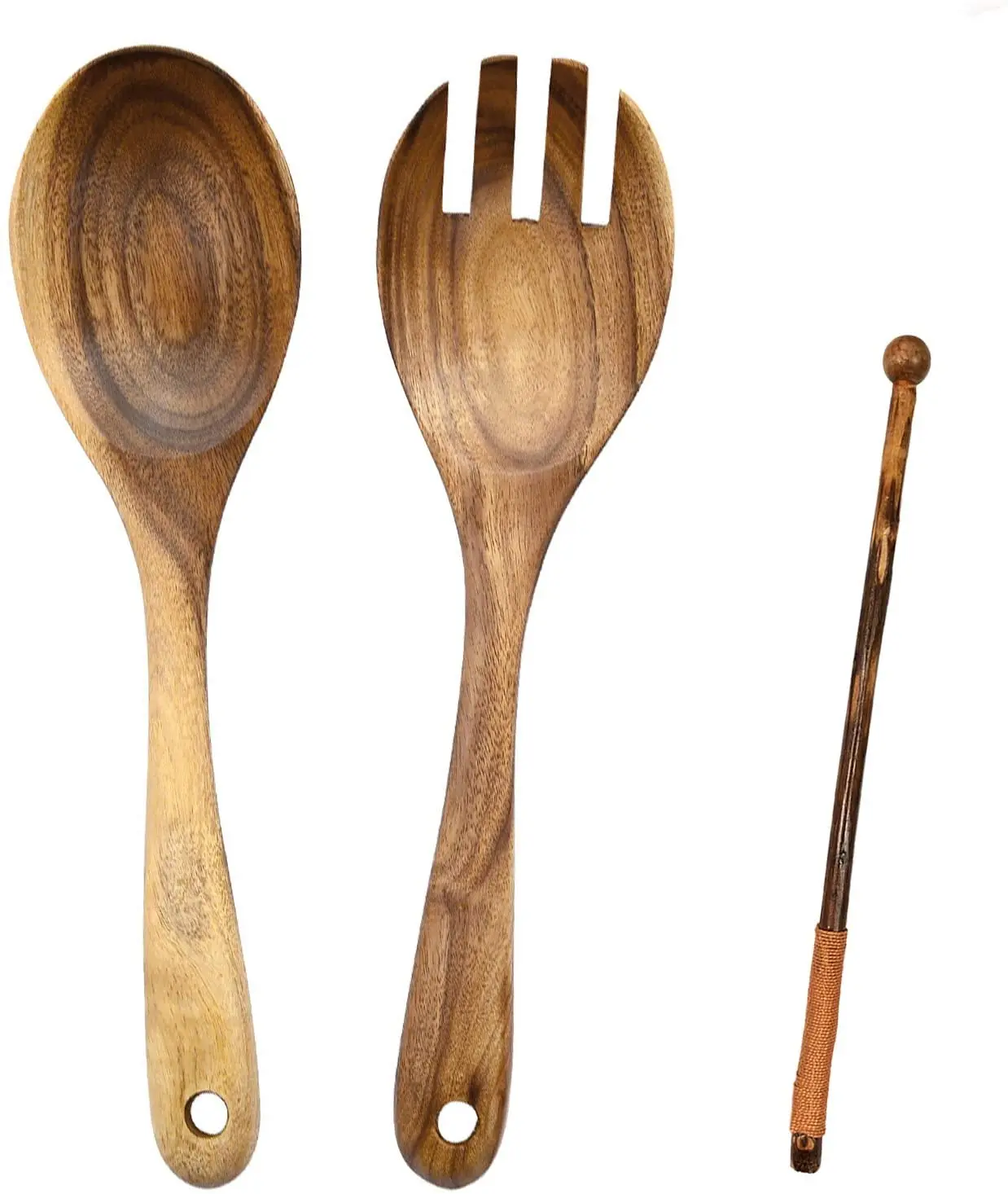 Hot Sale Acacia Wood Salad Servers Set with Coffee Stirrer 3 Pieces Wood Spoon and Fork Set handmade kitchen Cooking Utensils