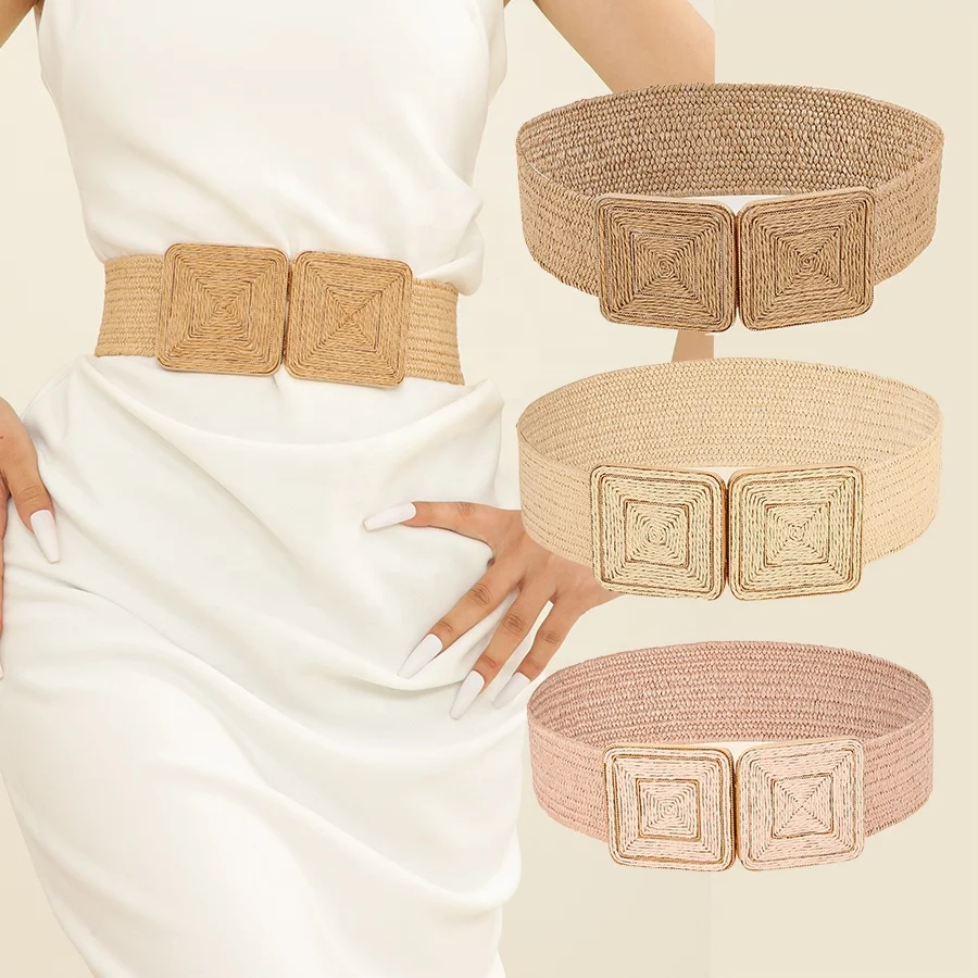 Free samples Wholesale round pearls pp straw belt Wood grain Buckle Braided Ladies Elastic Waist Leather Belts Woman