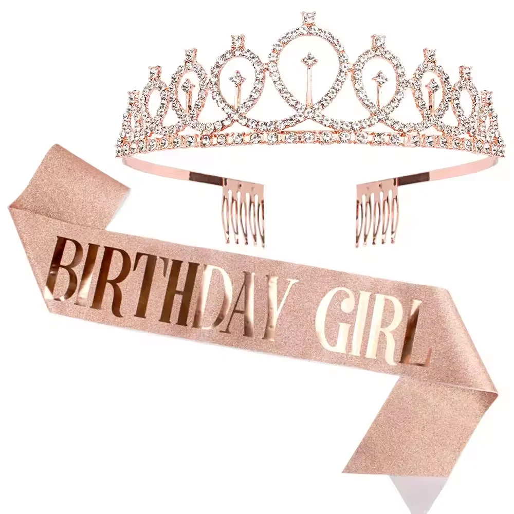 Factory Price Birthday girl Crown and Sash Set Tiara for Women Princess Crowns Tiaras Party Supplies Accessories Princess Favors