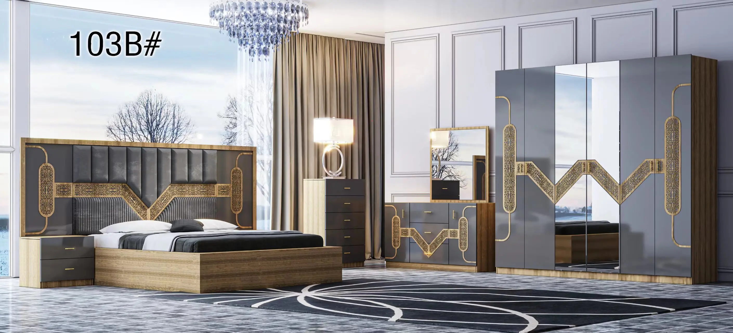 King size grey headboard bedroom furniture modern home furniture 5pcs one set