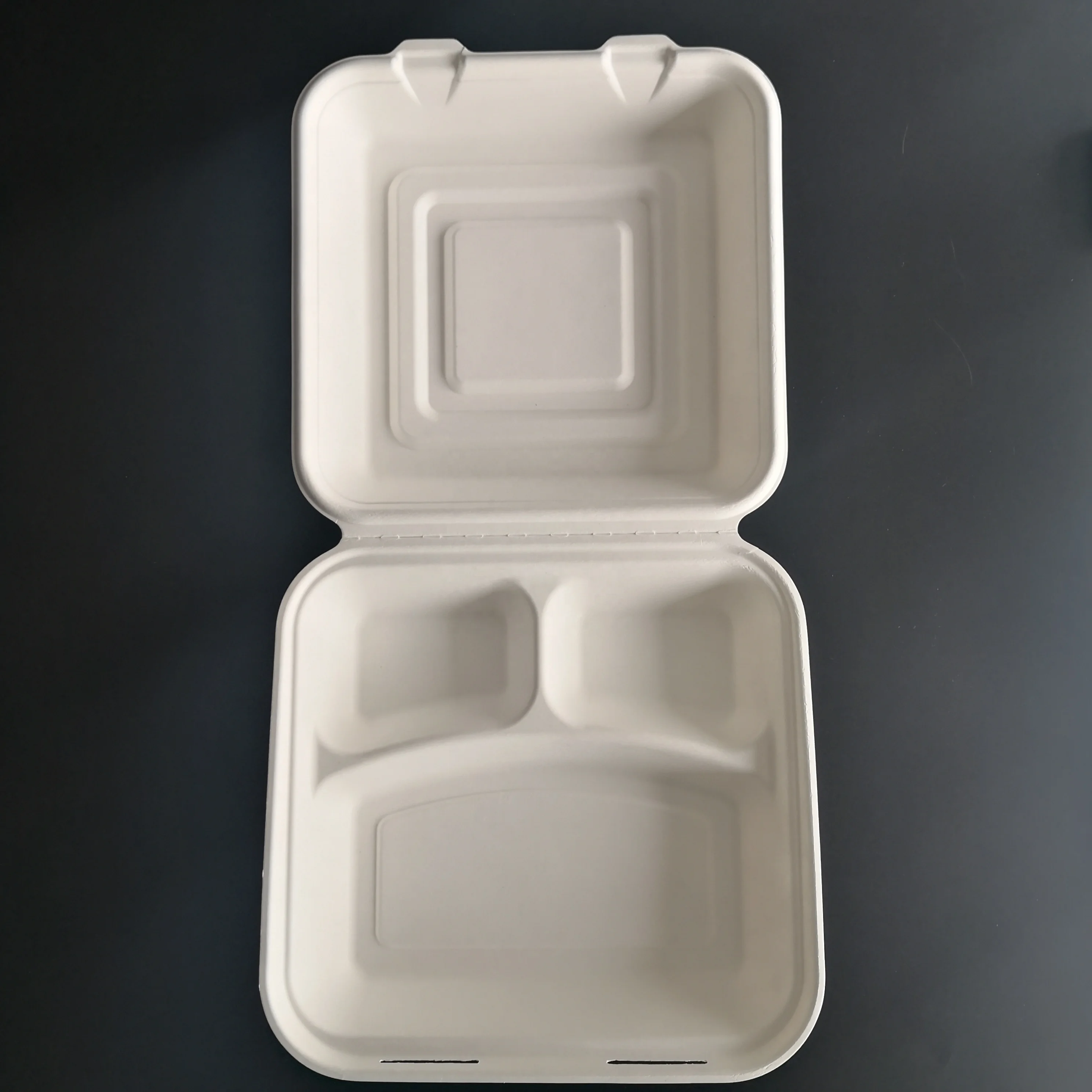 Disposable custom clam shell three compartment compostable container