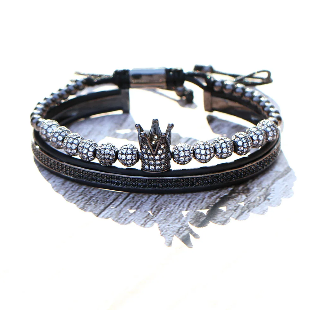 New Luxury Custom Jewelry Crown CZ Balls Zircon Spacer Bead Bracelet Charm Braided Macrame Adjustable Men Bracelet