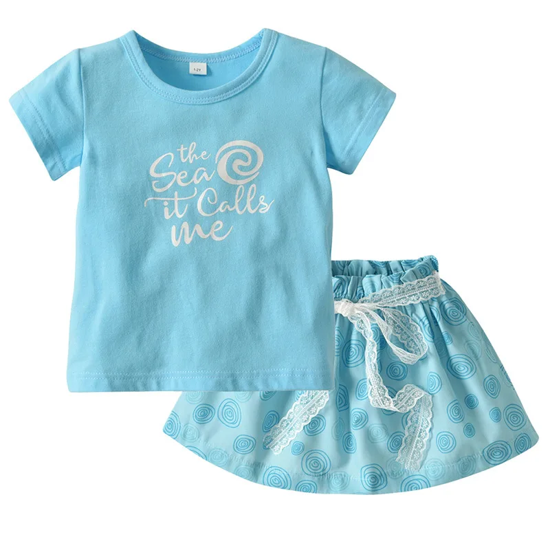 
Amazon summer and autumn explosions baby letters light blue shirt short dress two-piece 