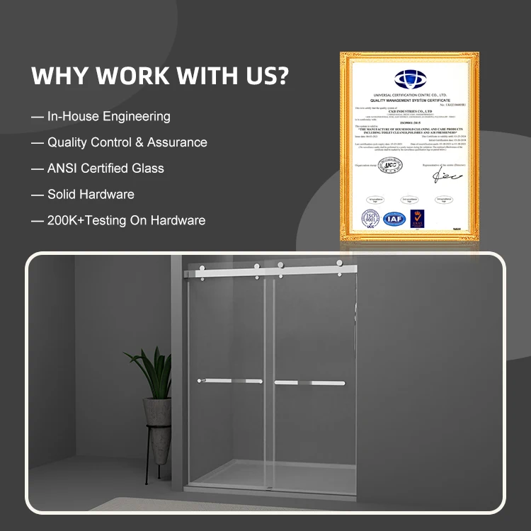 New Product Frameless Low Iron Tempered Glass Sliding Bathroom Stainless Steel Shower Door