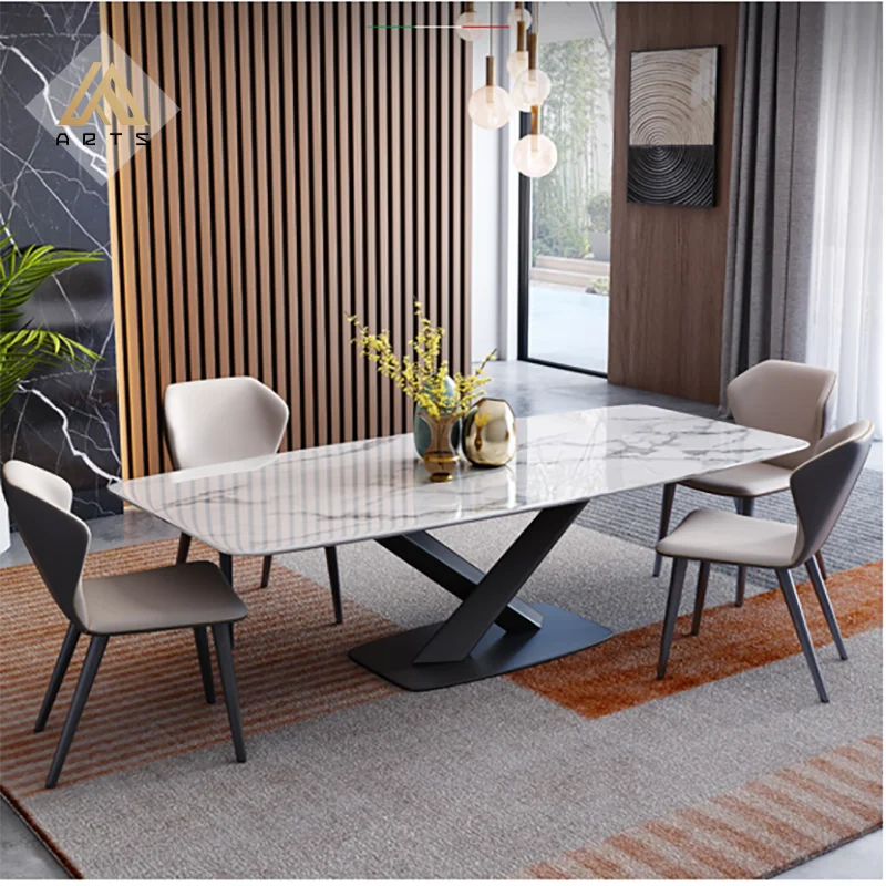 China factory wholesale luxury marble dining table  sintered stone top with iron table legs rectangular  dining  table