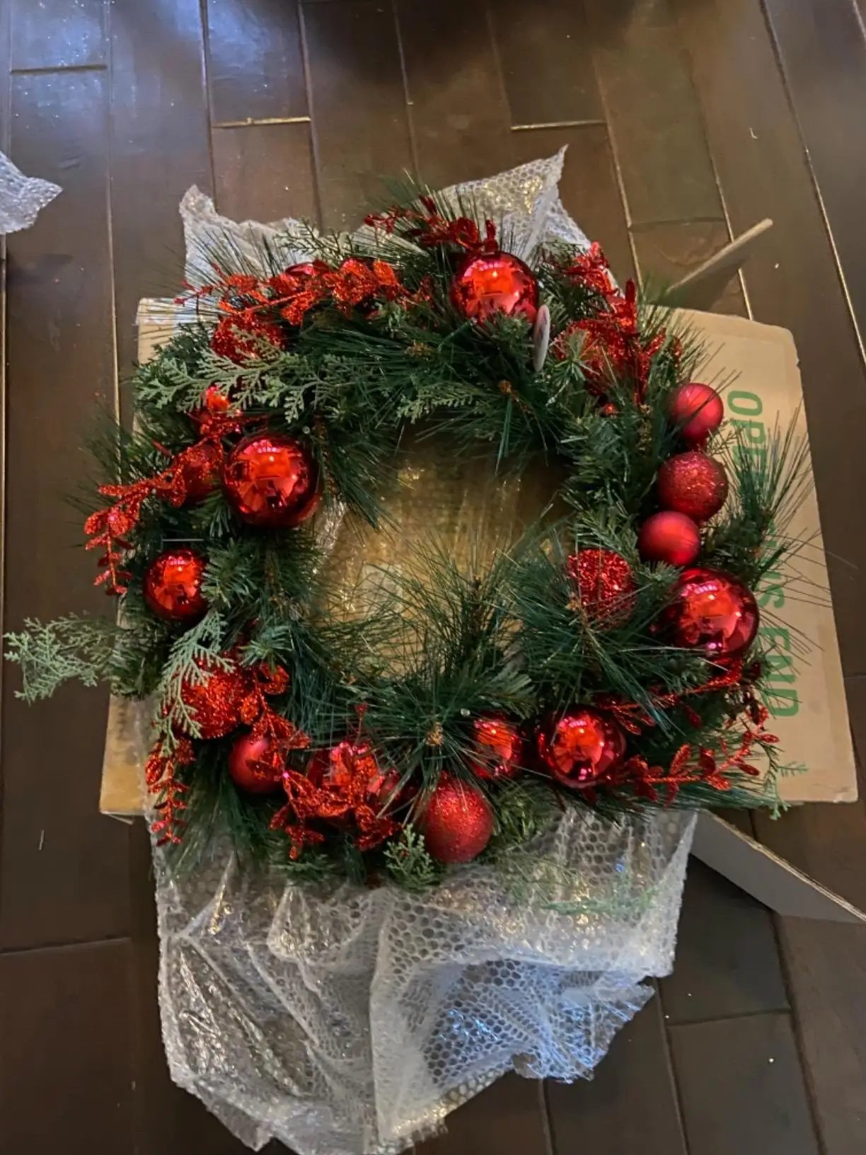 Artificial Pre-lit Christmas Wreath Decorative Collection Flocked with Mixed Decorations and LED Lights