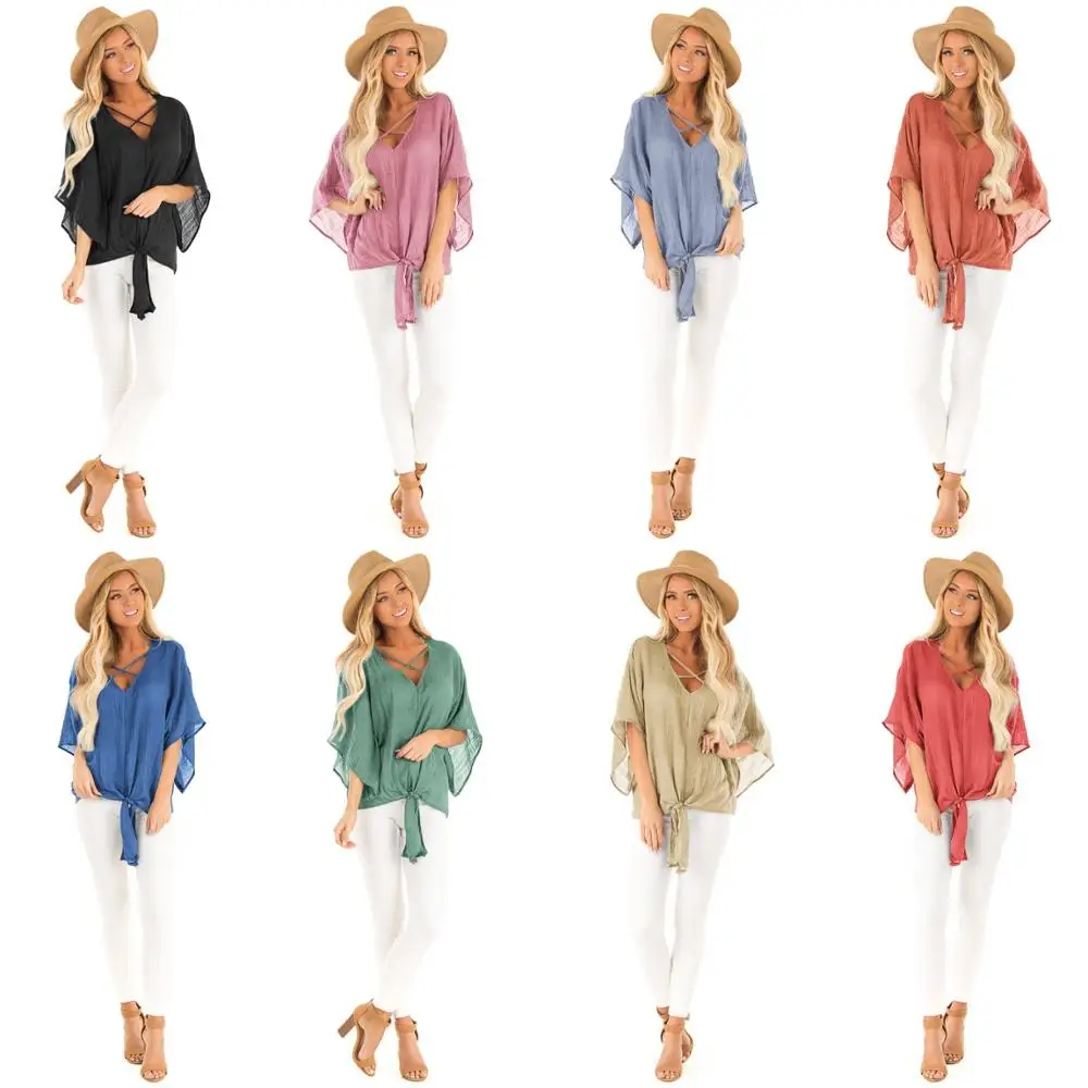 
Wholesale Summer Casual Batwinged Cover Up Soft Light Solid Color Blouse Tshirt 