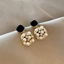 Delicate Real 18k Gold Plated Black Square Stud Earrings Cubic Zircon Pearl Square Shape Earrings