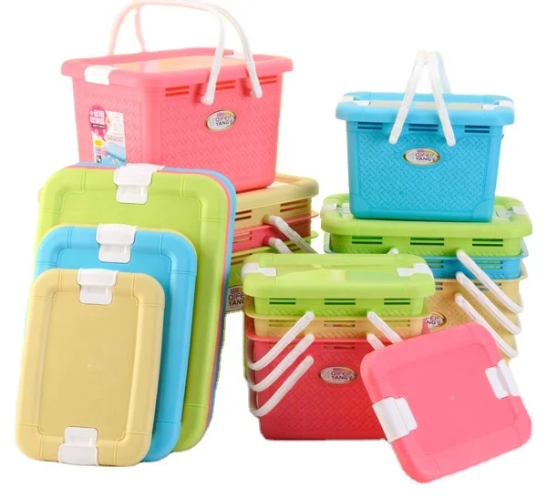 Хит продаж цветная корзина для хранения ручная портативная пластиковая из ротанга с крышкой пряжкой