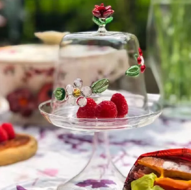 Custom Made Clear Hand Blown Heat-resistant Borosilicate Glass Dessert High-foot Stand with Colored Rose Top