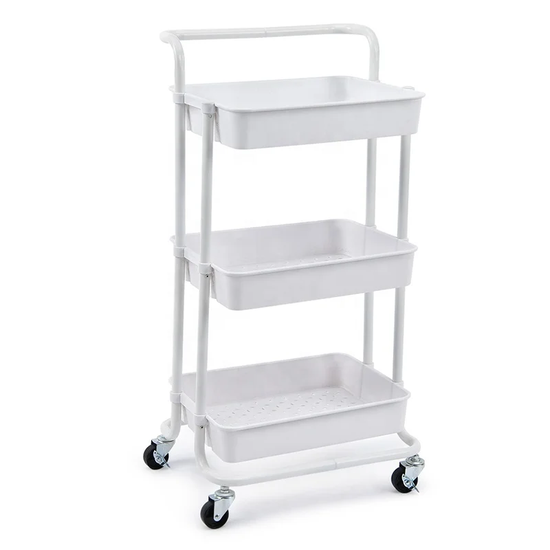 3 Tier Storage Rack Rolling Cart Utility Trolley With ABS Plastic Basket