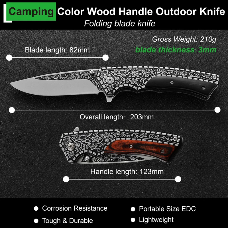 Free Sample Etched Pattern Bushcraft Folding Knife Color Wooden Handle Pocket Knives Outdoor Hunting Survival High Carbon Steel