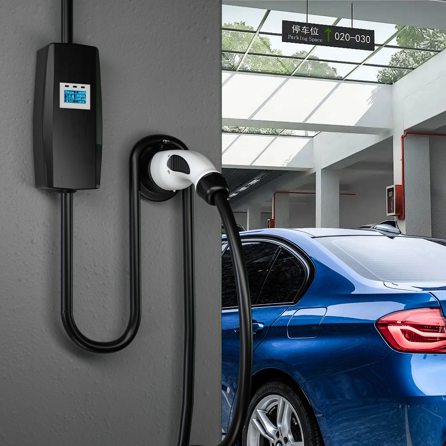 Khons 16A 32A Model 2 Electric Vehicle Charging Box Level 2 Mobile Charger Portable EV Charger Type 1 to schuko Plug