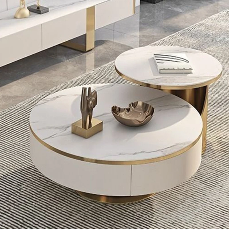 Modern Design White Round Marble Dlate Coffee Table Set Wooden Furniture Gold Metal  Luxury Center Table For Living Room