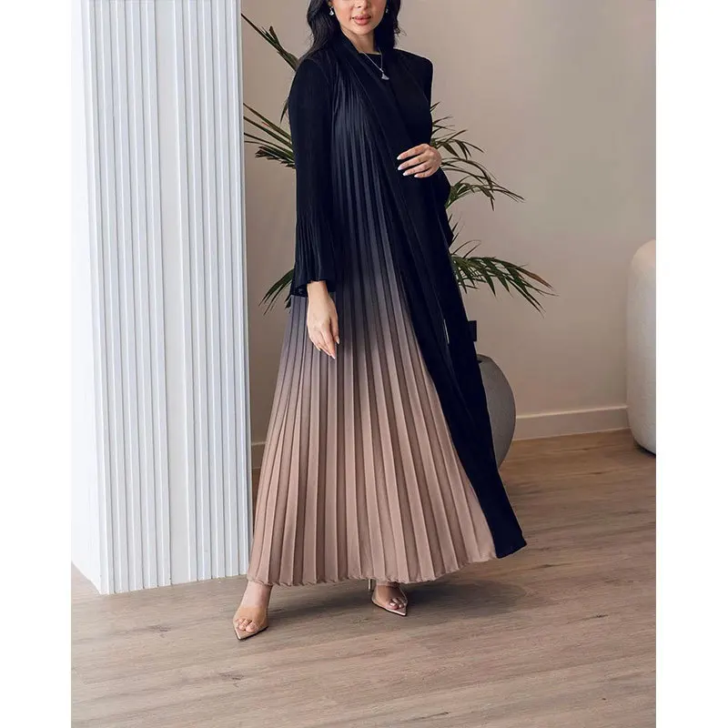 New Long Pleated Horn Sleeve Gradient Color Cardigan Muslim Oversized Skirt