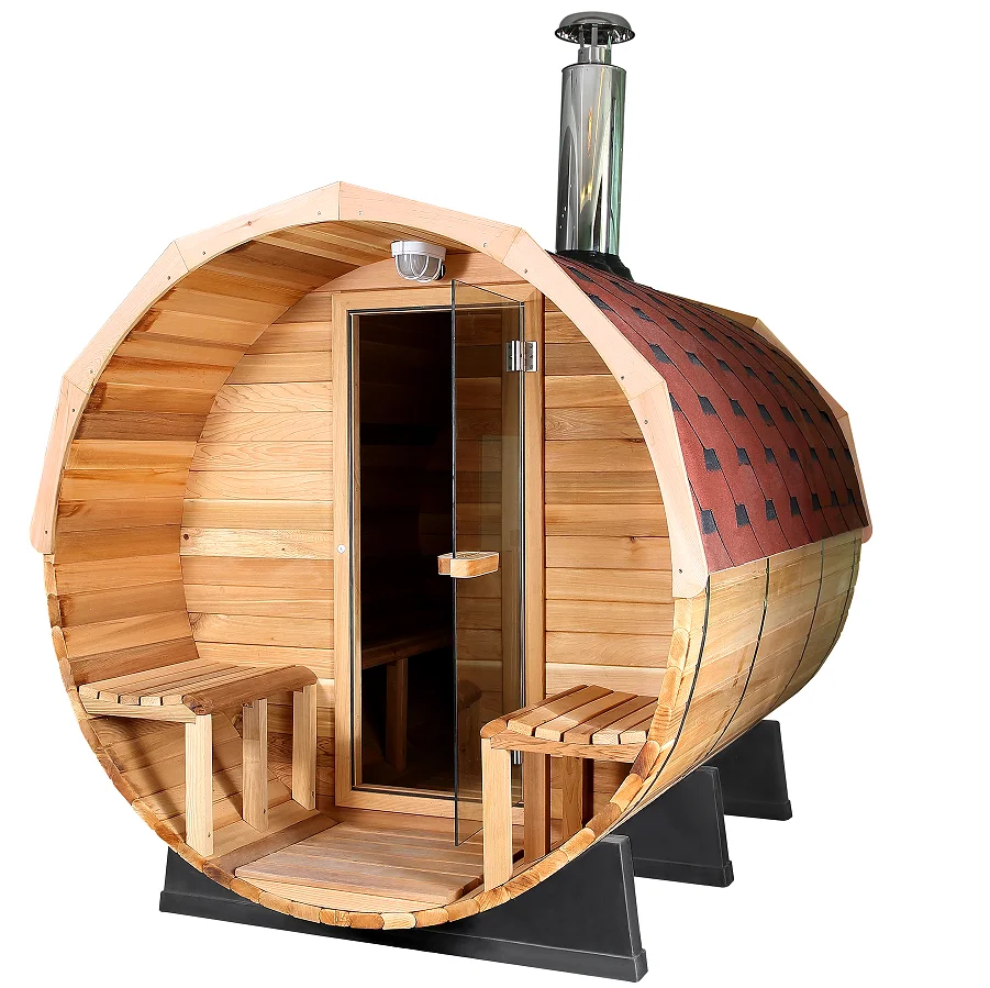 Top Sale Outdoor Canadian red cedar barrel sauna spa sauna with wood burning sauna stove