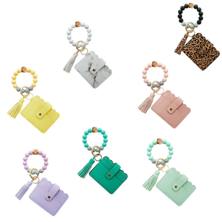 Fashion Leather Wallets Women Leather Tassel Metal Keychain Elastic Silicone Beads Bracelet Card Holder Wallet